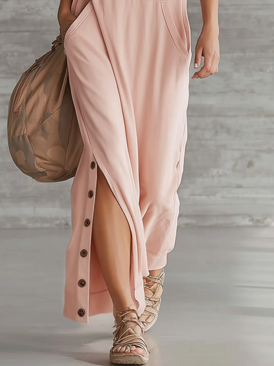 Retro Sporty Pink Cotton Sleeveless Slit Hooded Maxi Dress sold by Oyrosy product image thumbnail 5