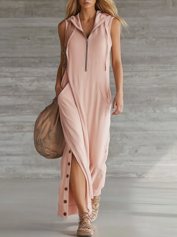Retro Sporty Pink Cotton Sleeveless Slit Hooded Maxi Dress made by Oyrosy