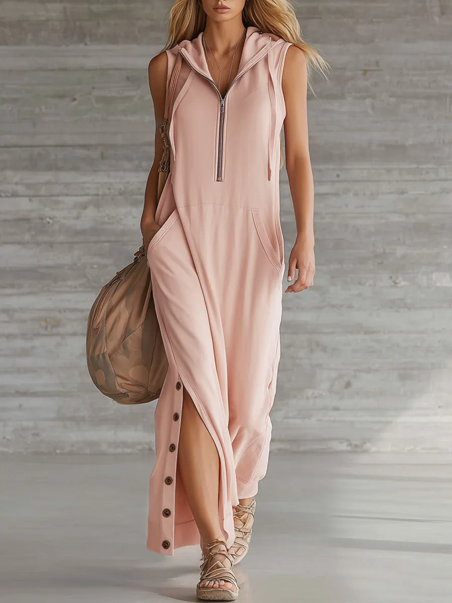 Retro Sporty Pink Cotton Sleeveless Slit Hooded Maxi Dress sold by Oyrosy