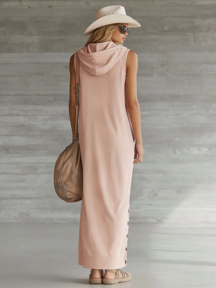 Retro Sporty Pink Cotton Sleeveless Slit Hooded Maxi Dress sold by Oyrosy product image thumbnail 3