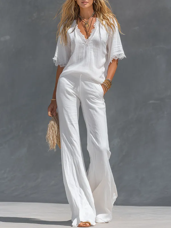 Retro V-neck Cotton And Linen Short-sleeved T-shirt And Wide-leg Pants Set made by Oyrosy