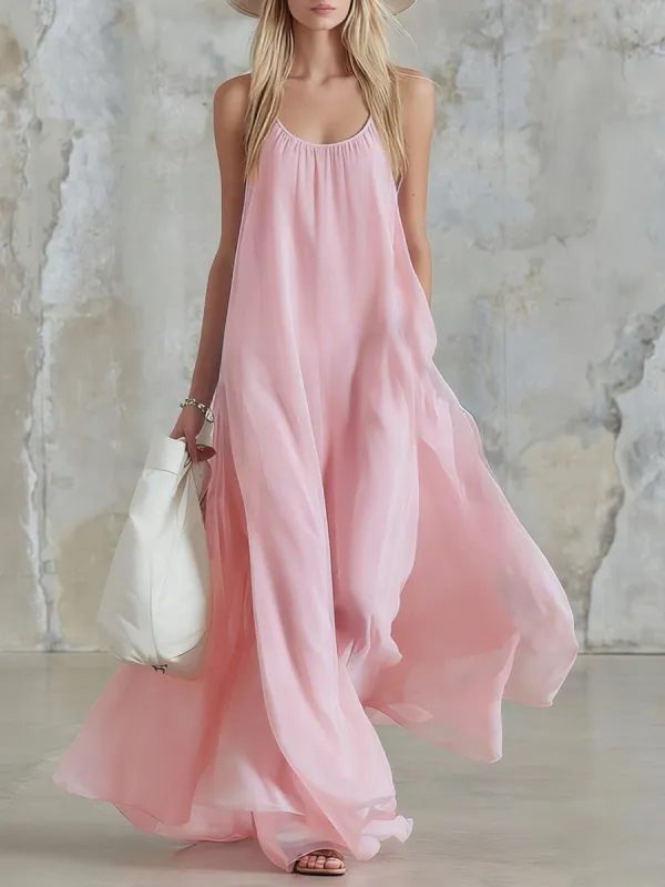 Pink Round Neck Sleeveless Chiffon Maxi Dress made by Oyrosy