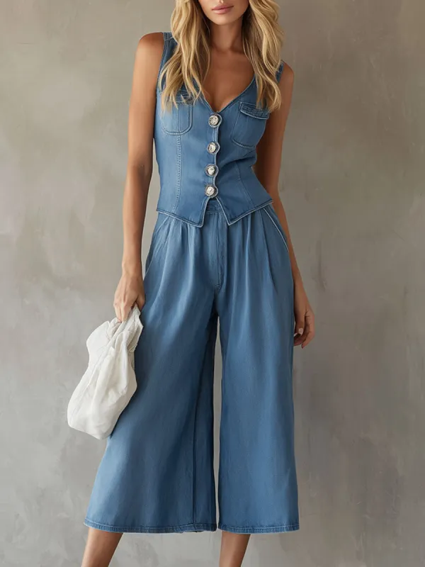 Casual Vacation Retro Blue Denim Vest And Wide-leg Cropped Pants Set made by Oyrosy