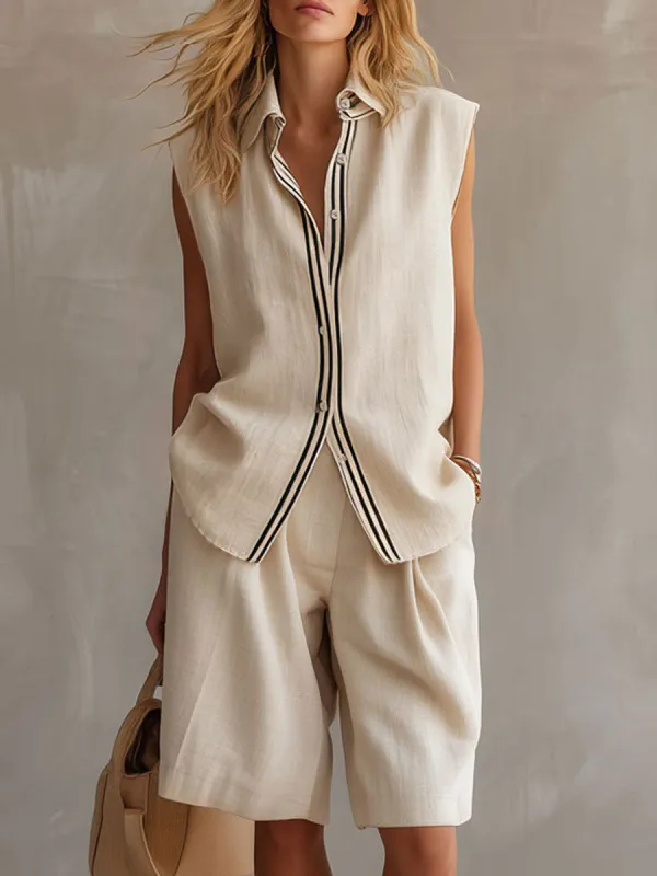 Casual Retro Apricot Cotton Linen Sleeveless Striped Shirt And Shorts Set made by Oyrosy