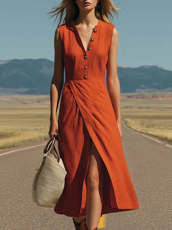 Western Retro Casual Orange Sleeveless Cotton Linen Midi Dress made by Oyrosy
