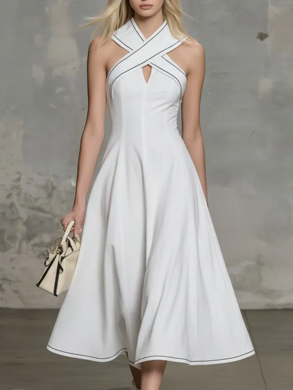Elegant Retro Cross Neckline Sleeveless A-line Midi Dress made by Oyrosy