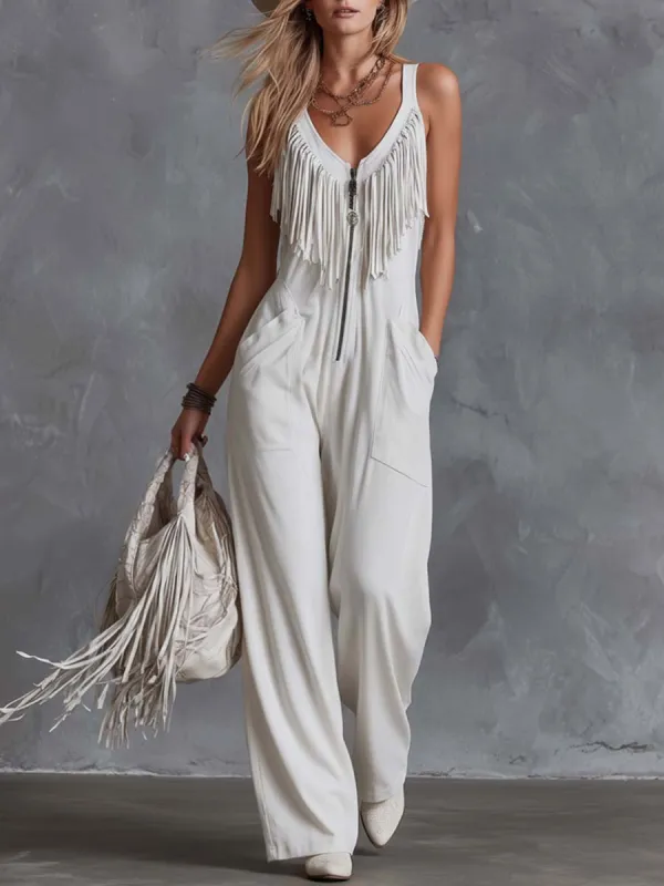 Casual Retro Western V-Neck And Fringe White Faux Suede Jumpsuit made by Oyrosy