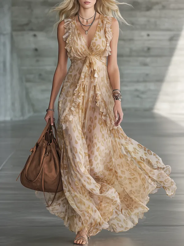 Retro-Chic V-Neck Sleeveless Ruffled Leopard-Print Chiffon Maxi Dress sold by Oyrosy