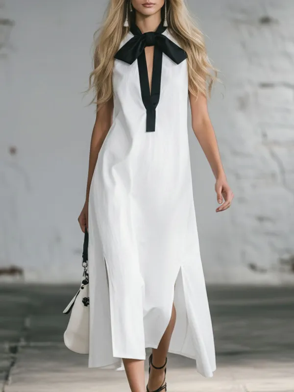 Stylish And Simple Sleeveless Bow Neckline Midi Dress made by Oyrosy