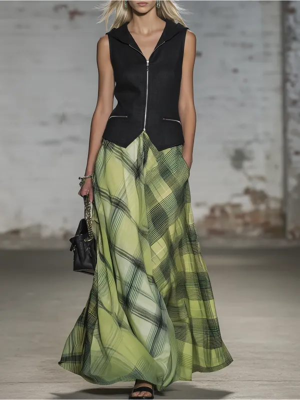 Casual And Stylish V-neck Zip-up Sleeveless Top And Plaid Chiffon Skirt Set sold by Oyrosy