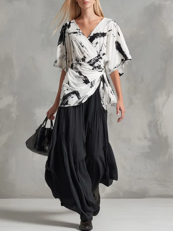 Retro-Elegant Color-Block Chiffon Blouse And Black Skirt Set made by Oyrosy