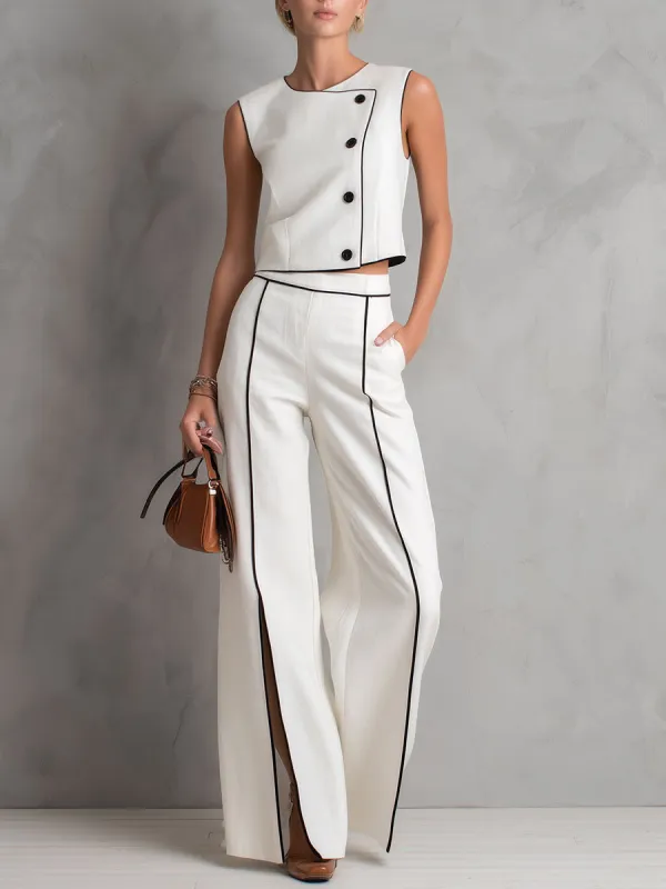 Stylish And Casual Black-trimmed White Cotton Top And Split-leg Wide-leg Pants Set made by Oyrosy