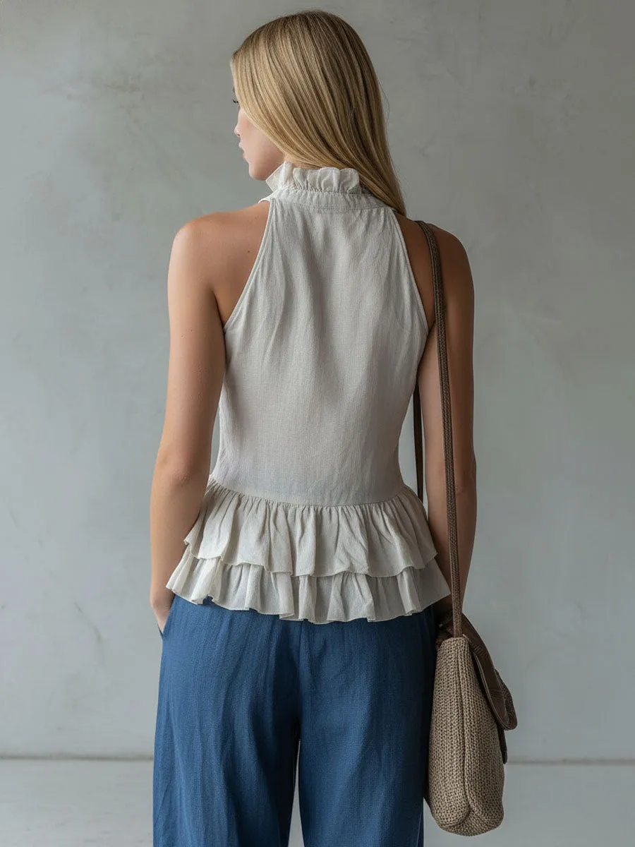 Ruffled V-neck Cotton Linen Sleeveless Shirt sold by Oyrosy product image thumbnail 3