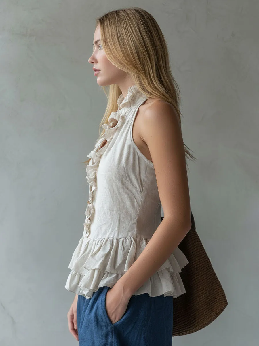 Ruffled V-neck Cotton Linen Sleeveless Shirt sold by Oyrosy product image thumbnail 2