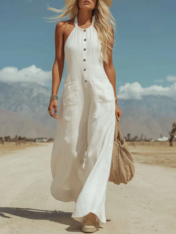 Retro Boho Halter Neck Button Sleeveless Cotton And Linen Jumpsuit made by Oyrosy