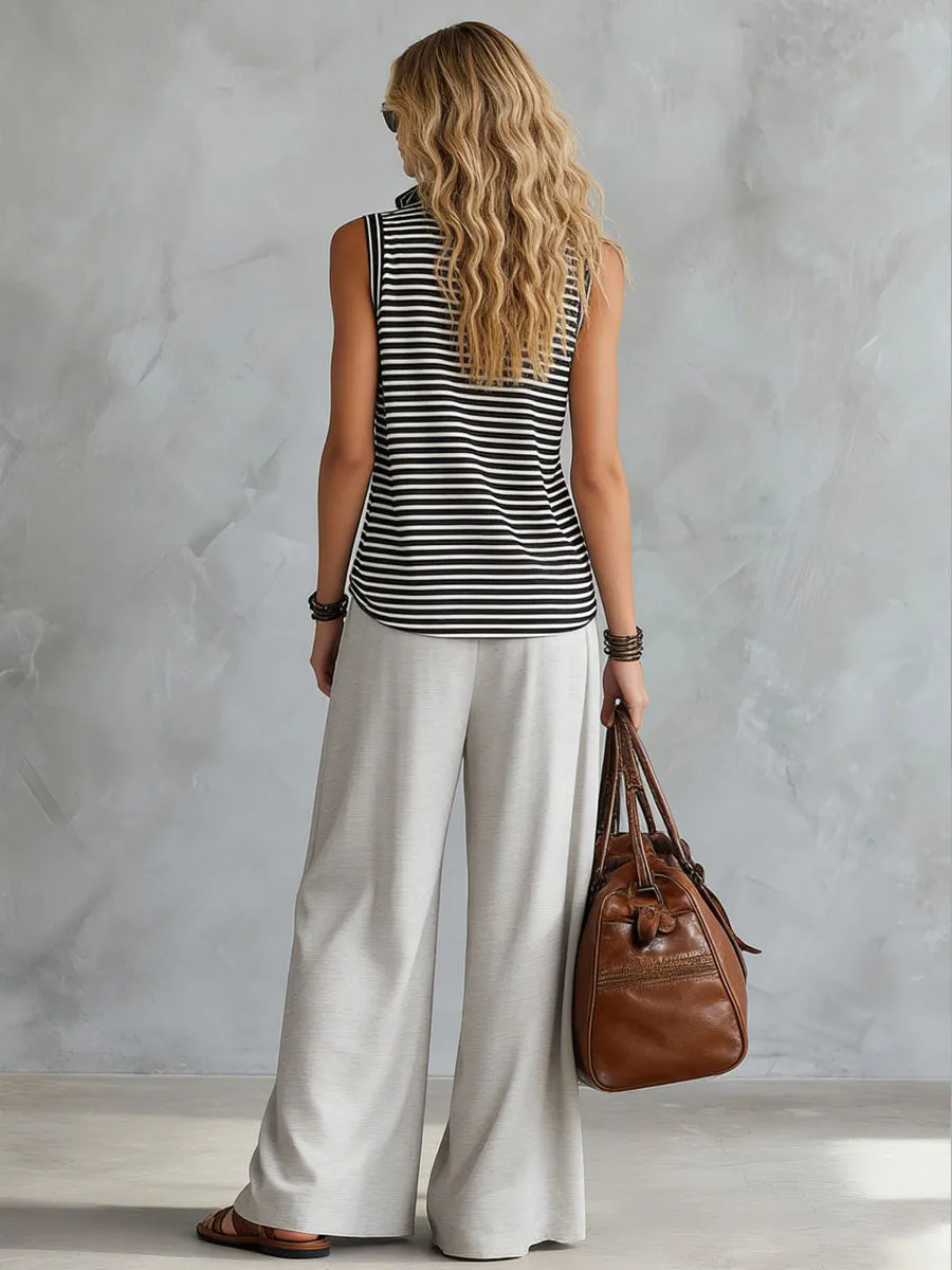 Sporty Retro Black And White Striped Half-Zip Sleeveless T-Shirt And Wide-Leg Pants Set sold by Oyrosy product image thumbnail 3