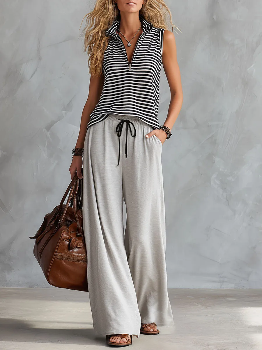 Sporty Retro Black And White Striped Half-Zip Sleeveless T-Shirt And Wide-Leg Pants Set sold by Oyrosy