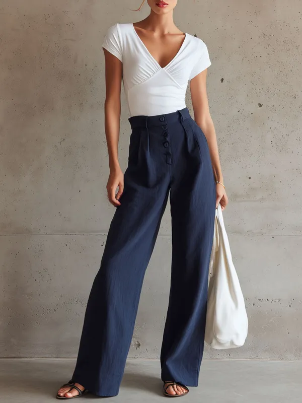 Casual Retro White Pleated Short-Sleeve T-Shirt And Linen Wide-Leg Pants Set made by Oyrosy