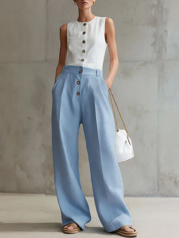 Casual Retro White Cotton Linen Sleeveless Shirt And Blue Wide-leg Pants Set made by Oyrosy