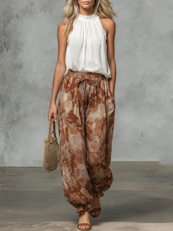 Retro-style Casual Sleeveless A-line Top Paired With Printed Chiffon Wide-leg Pants Set made by Oyrosy