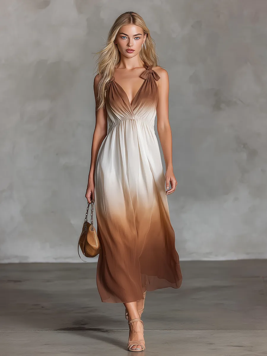 Stylish Beautiful V-Neck Sleeveless Shoulder-Tie Chiffon Midi Dress sold by Oyrosy product image thumbnail 4