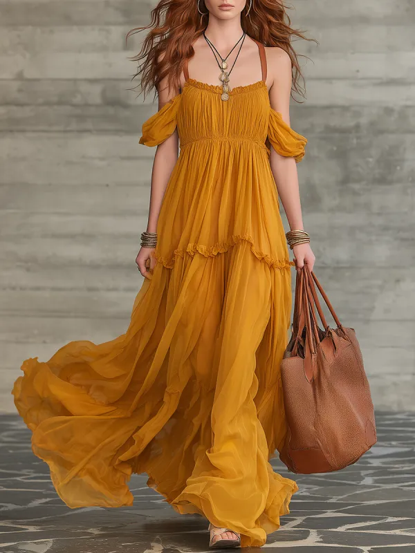 Retro Elegant Romantic Resort-Style Spaghetti Straps Chiffon Maxi Dress made by Oyrosy