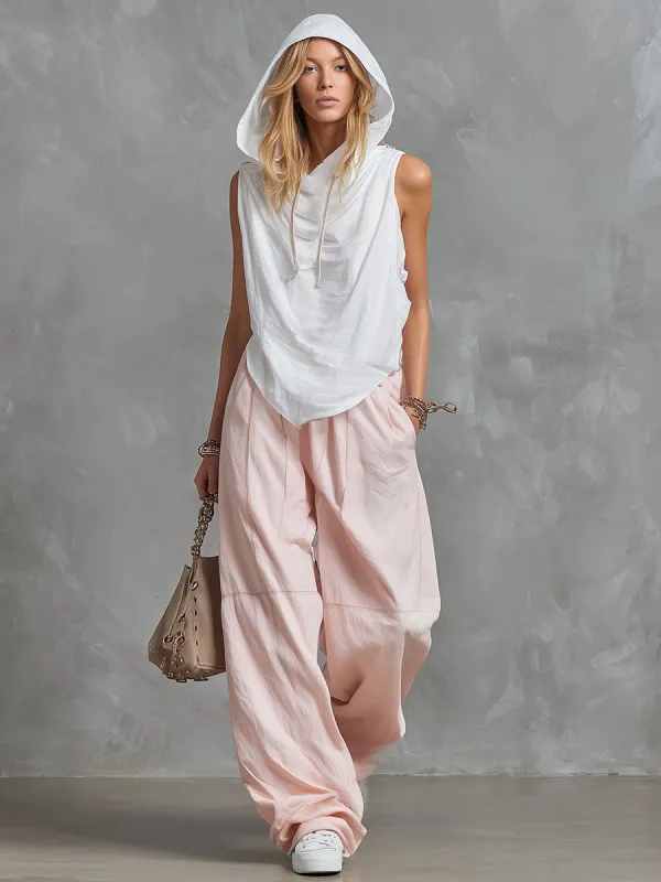 Stylish And Casual White Hooded Cotton-linen T-shirt And Pink Wide-leg Pants Set made by Oyrosy