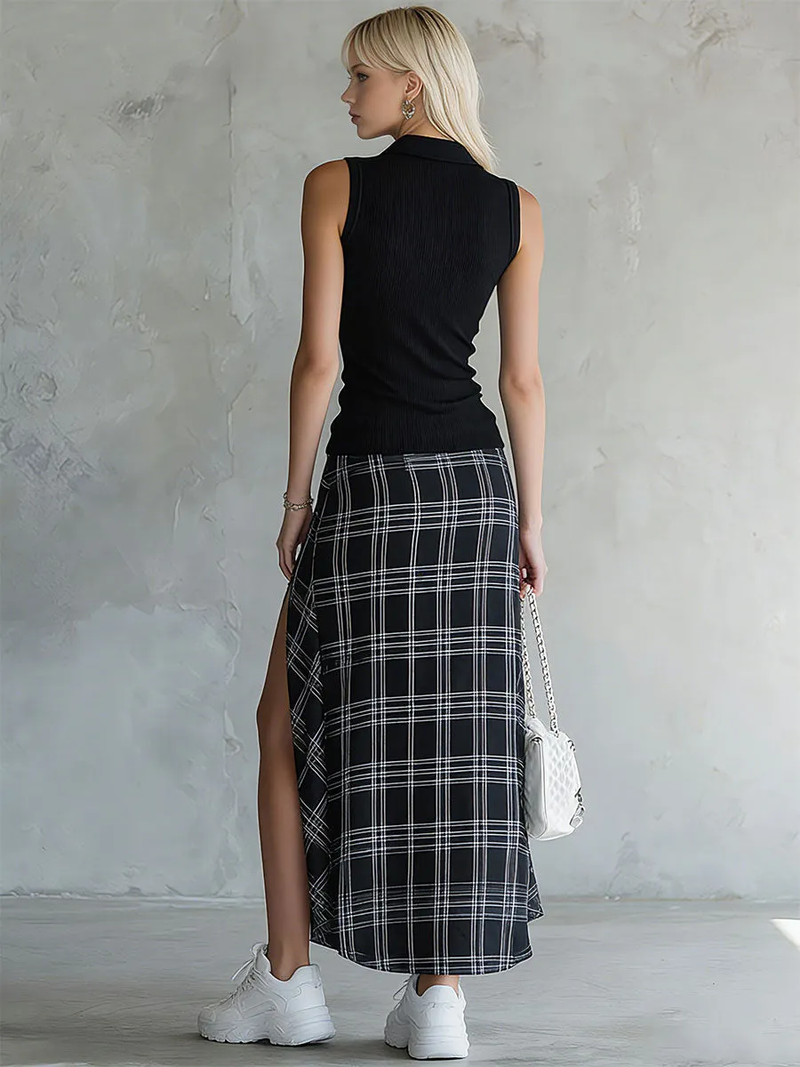 Stylish And Casual Black Knit Sleeveless Top And Plaid Chiffon Skirt Set sold by Oyrosy product image thumbnail 3