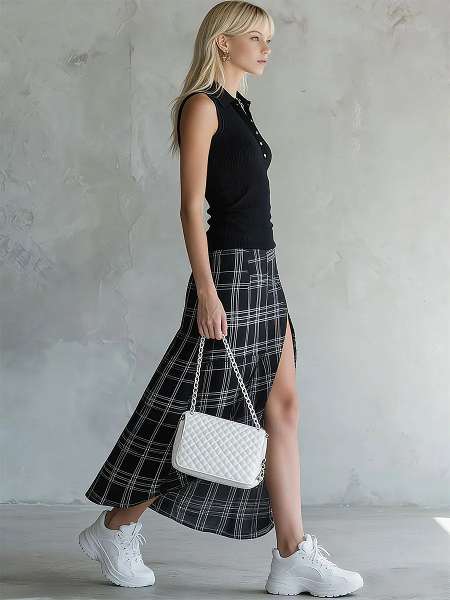Stylish And Casual Black Knit Sleeveless Top And Plaid Chiffon Skirt Set sold by Oyrosy product image thumbnail 2