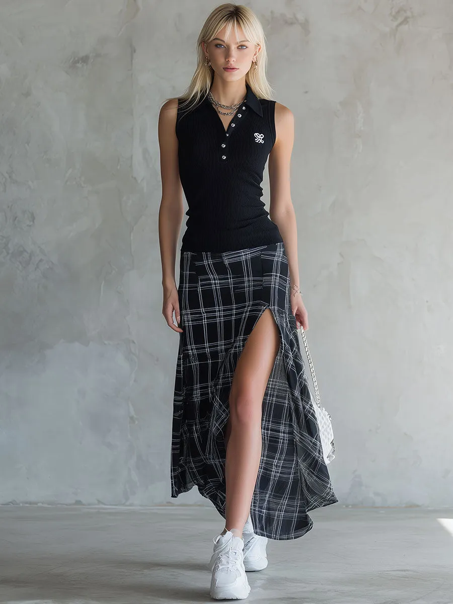 Stylish And Casual Black Knit Sleeveless Top And Plaid Chiffon Skirt Set sold by Oyrosy product image thumbnail 4