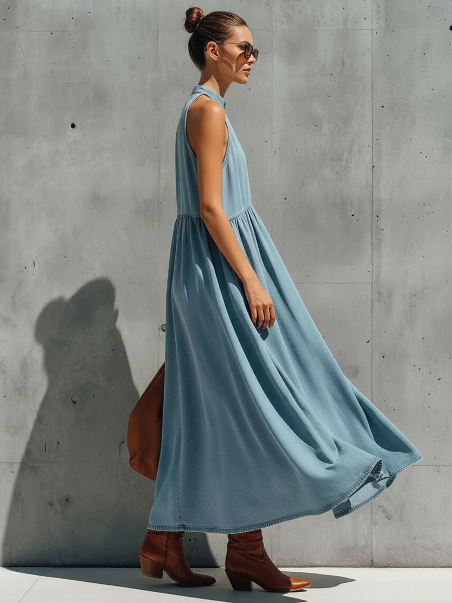 Casual Retro Blue Denim Sleeveless A-line Maxi Dress sold by Oyrosy product image thumbnail 2
