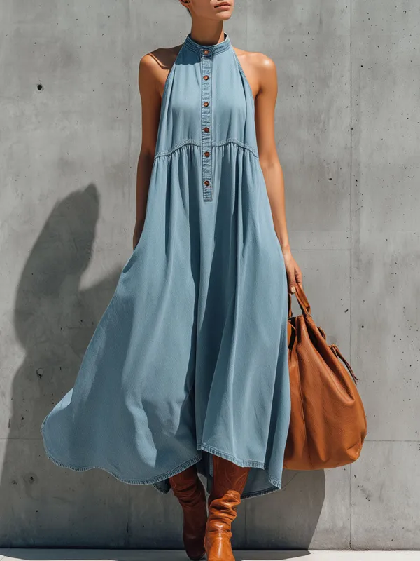 Casual Retro Blue Denim Sleeveless A-line Maxi Dress made by Oyrosy
