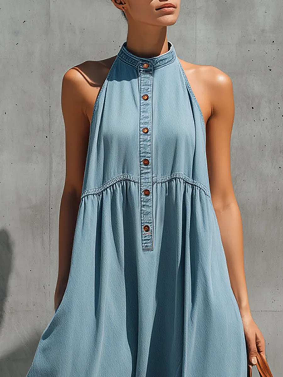 Casual Retro Blue Denim Sleeveless A-line Maxi Dress sold by Oyrosy product image thumbnail 5