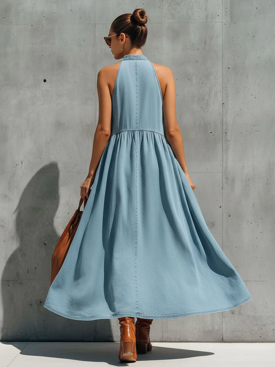 Casual Retro Blue Denim Sleeveless A-line Maxi Dress sold by Oyrosy product image thumbnail 3