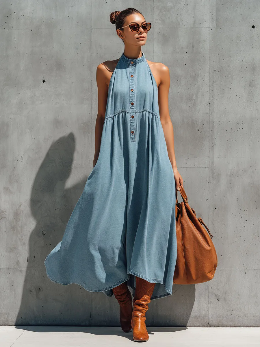 Casual Retro Blue Denim Sleeveless A-line Maxi Dress sold by Oyrosy product image thumbnail 4