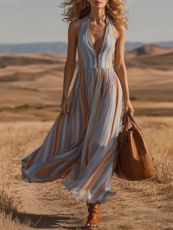 Casual Retro Chiffon Colorful Striped Sleeveless A-line Maxi Dress made by Oyrosy