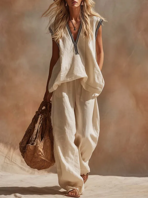 Retro-style Comfortable Bohemian V-neck Off-white Cotton And Linen Top And Pants Set made by Oyrosy