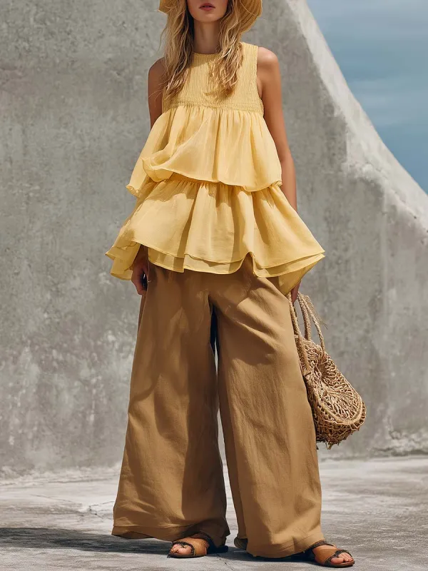 Vintage Bohemian Resort Yellow Chiffon Ruffled Top And Brown Linen Pants Set made by Oyrosy