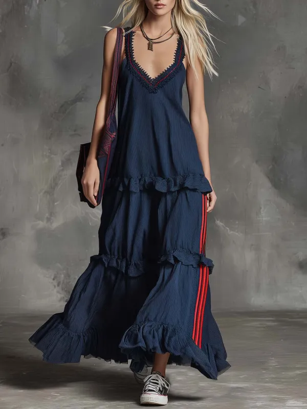 Retro Casual Sporty Lace V-neck Layered Ruffle Hem Dark Blue Striped Maxi Dress made by Oyrosy
