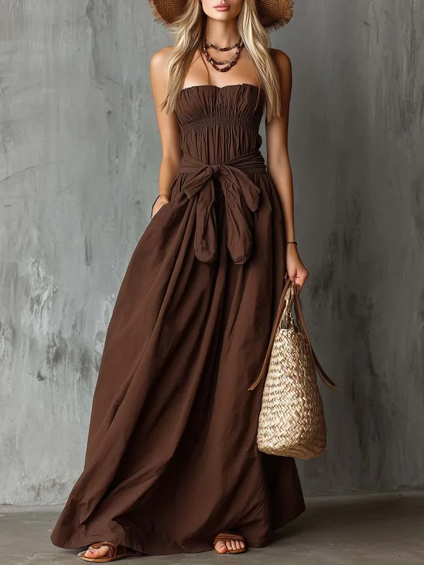 Elegant Retro Vacation-Style Strapless Brown Cotton Maxi Dress made by Oyrosy