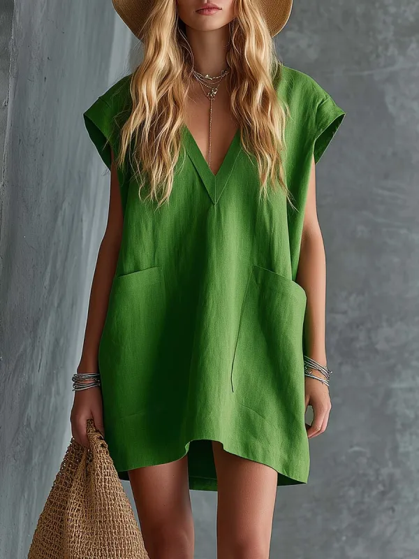 Vibrant Resort Bohemian Bright Green Cotton Linen V-Neck Patch Pocket Mini Dress made by Oyrosy