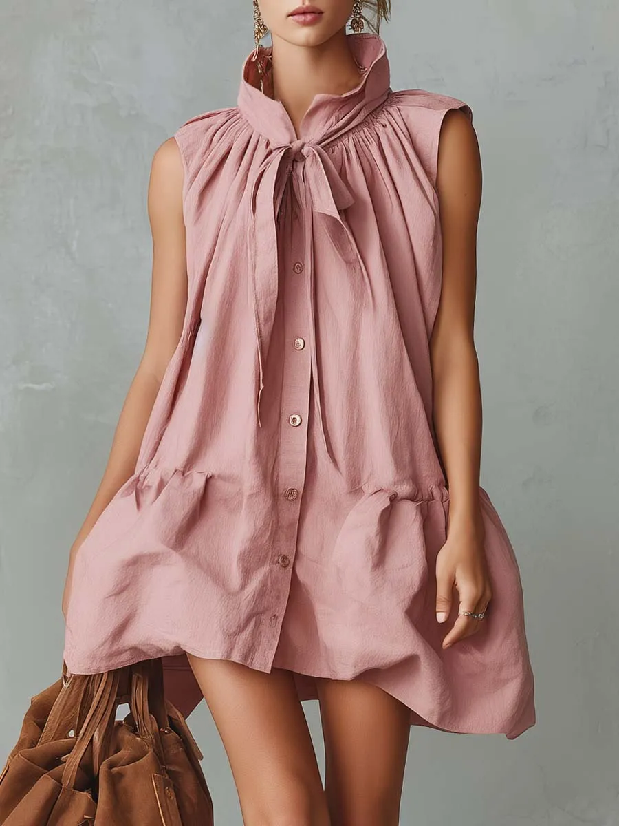 Elegant Retro Vacation Stand Collar Front Button Bubble Hem Pink Cotton-Linen Mini Dress sold by Oyrosy