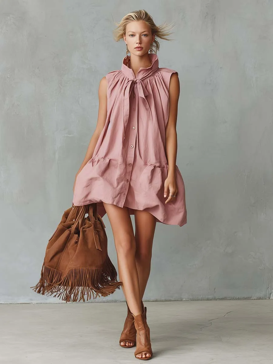 Elegant Retro Vacation Stand Collar Front Button Bubble Hem Pink Cotton-Linen Mini Dress sold by Oyrosy product image thumbnail 2