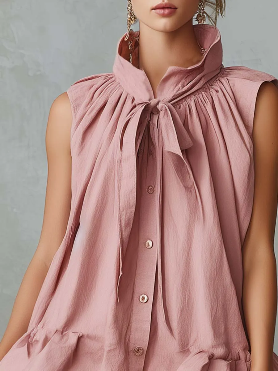 Elegant Retro Vacation Stand Collar Front Button Bubble Hem Pink Cotton-Linen Mini Dress sold by Oyrosy product image thumbnail 3