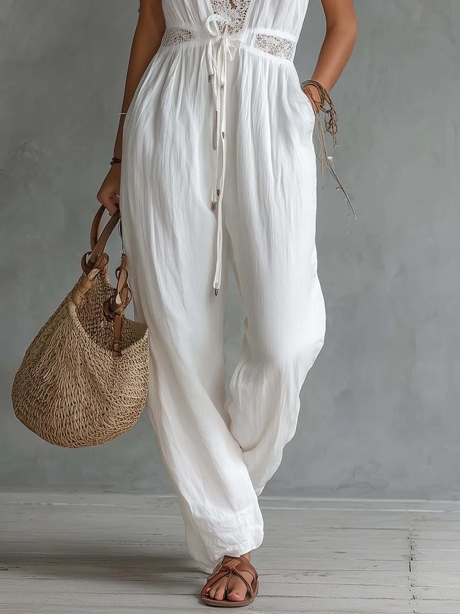 Retro Bohemian Vacation-Style Lace V-Neck White Cotton-Linen Jumpsuit sold by Oyrosy product image thumbnail 4