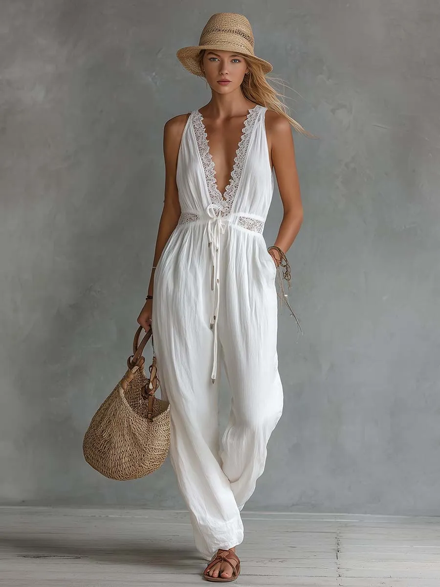 Retro Bohemian Vacation-Style Lace V-Neck White Cotton-Linen Jumpsuit sold by Oyrosy product image thumbnail 2