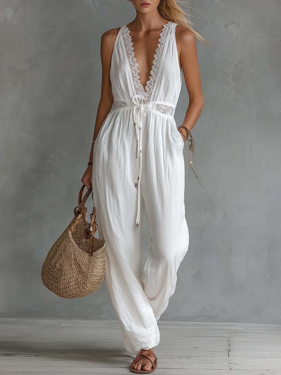 Retro Bohemian Vacation-Style Lace V-Neck White Cotton-Linen Jumpsuit sold by Oyrosy