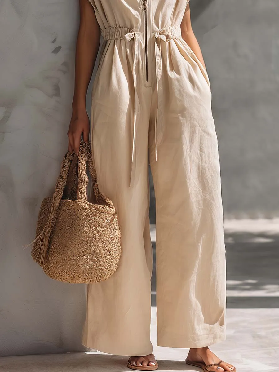 Retro-Casual Vacation Style Lapel Collar And Front Zipper Oatmeal Cotton-Linen Jumpsuit sold by Oyrosy product image thumbnail 4