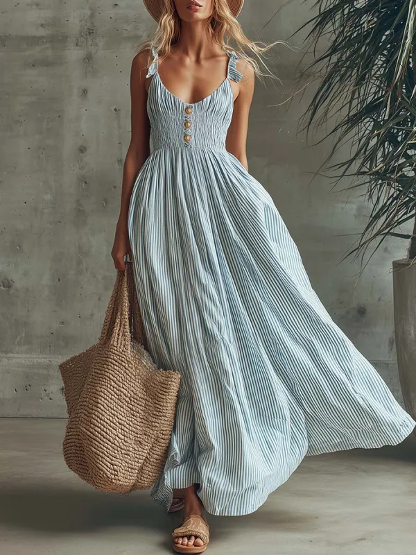 Retro-Chic Vacation-Style V-Neck Light Blue Striped Maxi Dress made by Oyrosy