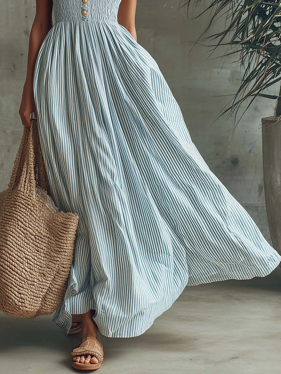 Retro-Chic Vacation-Style V-Neck Light Blue Striped Maxi Dress sold by Oyrosy product image thumbnail 4